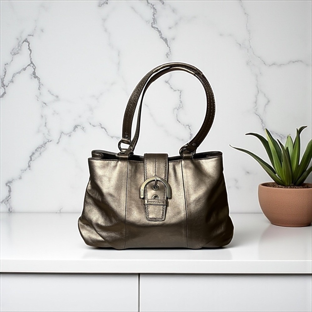Coach Metallic Bronze Leather Buckle Shoulder Bag Satchel Handbag Purse‎